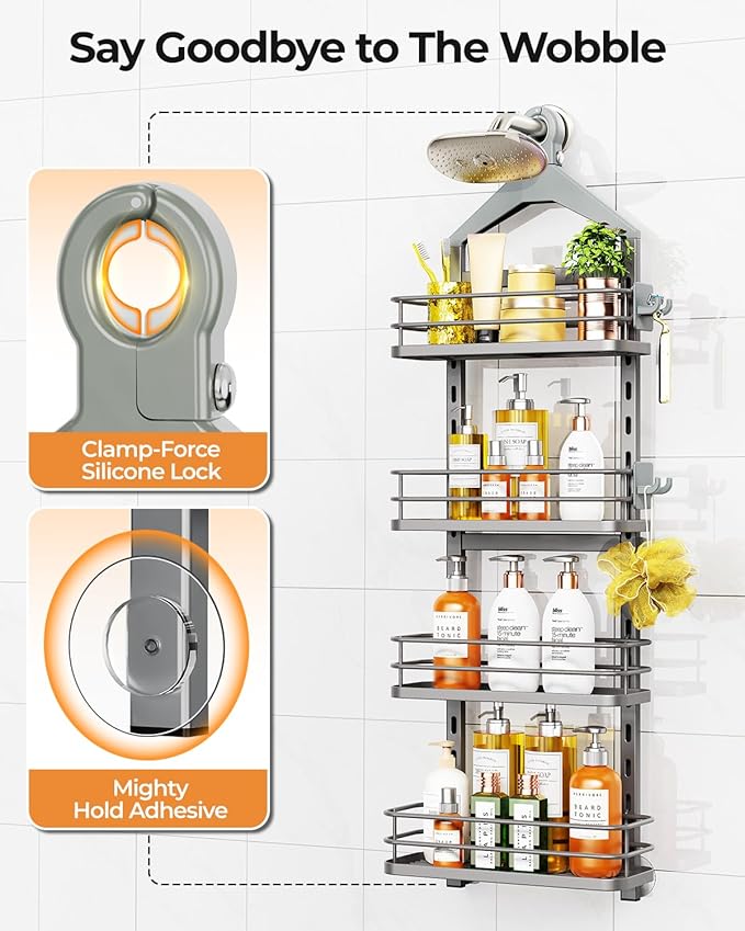 ODesign 4 Tier Height-Adjustable Shower Caddy Hanging Anti-Swing-Over The Shower Head Caddy-Showers Storage Organizer Bathroom Shelves Basket Showers Caddies-Grey