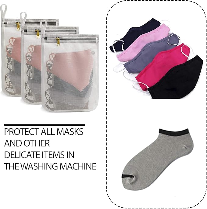 TENRAI 3 Packs Delicate Laundry Bags for Reusable Face Masks and Reusable Makeup Remover Pads,Fine Mesh Wash Bags,Use YKK Zipper, with Hanger Loop, Portable Mask Storage Bag (3 Small)