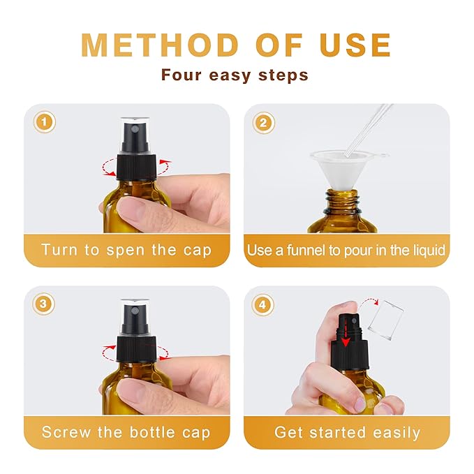Amber Glass Spray Bottles 4oz,Small Empty Glass Spray Bottle Fine Mist Spray Refillable Containers,Mini Travel Spray Bottles set of 4,Included 6 Sprinkler,2 Funnels,1 Droppers,8 Labels