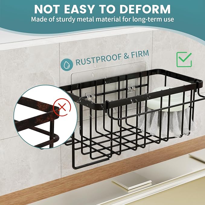 StorageRight 4-in-1 Sponge Holder for Kitchen Sink, Sink Caddy Organizers and Storage with Adhesive Hook & Suction Cups, Rustproof Kitchen Sink Organizer for Home Decor - Black