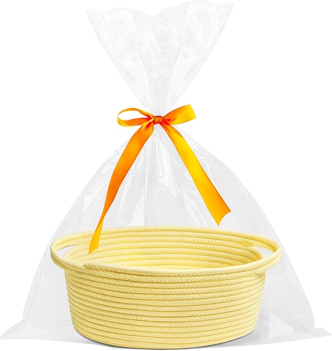 Pro Goleem Small Woven Basket with Gift Bags and Ribbons Durable Baskets for Gifts Empty Small Rope Basket for Storage 12"X 8" X 5" Baby Toy Basket with Handles, Yellow