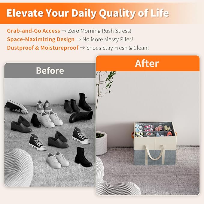 Aokeyee 2 Pack Shoe Organizer for Closet, Foldable Shoe Storage Organizer Box w/Clear Cover and Reinforced Handles, Space Saving Shoes Bin Fits up to 32 Pairs, Beige and Grey
