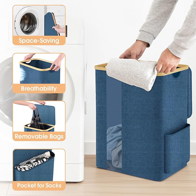 Laundry Basket Clothes Hamper with Lid and Pocket Large Collapsible Laundry Baskets with Handle, Freestanding Hampers for Bedroom Aesthetic, Dorm, Bathroom, Laundry Room (80L,Light Blue)