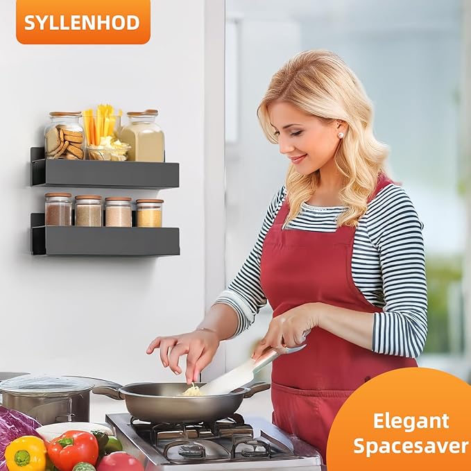 Kitchen Spice Rack for Wall: 2 Packs Black Adhesive Spice Racks Wall Mount - 11.8" Large Hanging Storage Organizer Cabinet Without Drilling for Work Room Bathroom Shelves
