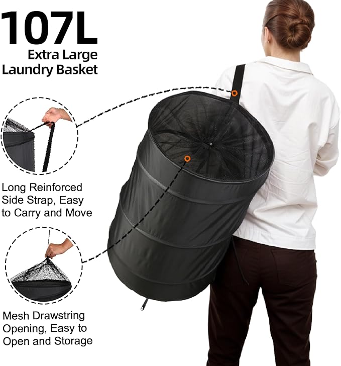 BATTOO Extra Large 107L Strong Laundry Hamper 17.5" x 27" Collapsible Laundry Baskets with Long Straps Drawstring Barrel Foldable Hamper for Laundry Room, Bathroom, Campout, College Dorm or Travel