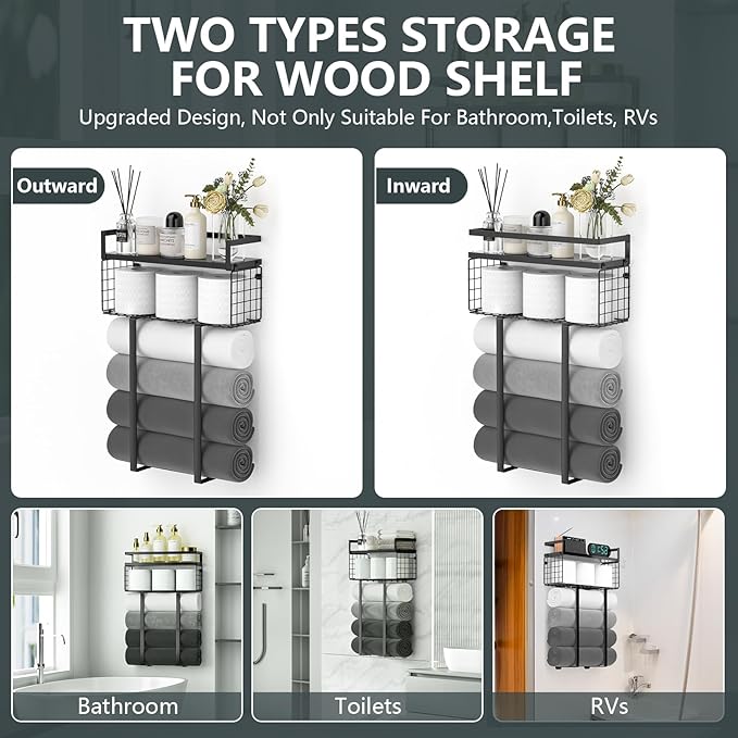 Towel Racks for Bathroom, Metal Towel Holder with Storage Basket,Wall Towel Rack for Rolled Towels, Towel Storage for Small Bathroom,Black