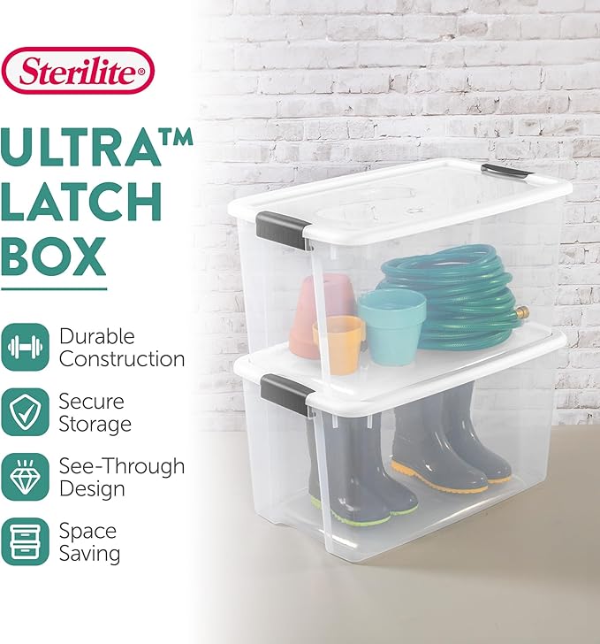 Sterilite 8 Pack Ultra Latching Box, Storage Bins with Lids, Clear Plastic, 70 Quart - Heavy-Duty Organizing Containers for Closet, Bathroom, and Office