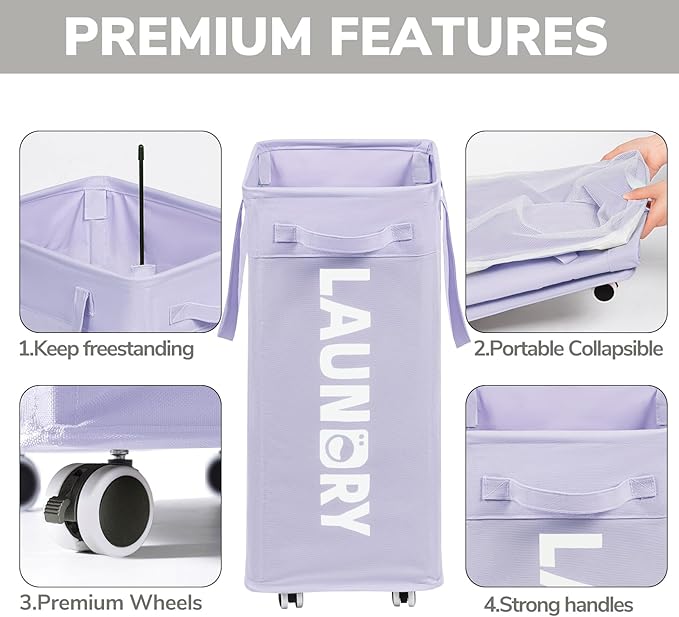 Goodpick Laundry Basket with Wheels,75L Collapsible Laundry Baskets with Removable Wash Bag, Clothes Laundry Hamper on Wheels, Light Purple