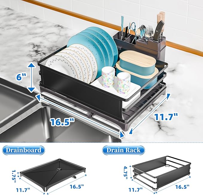 Simple Trending Dish Drying Rack, Dish Drainer for Kitchen Counter, Dish Rack with Tray for Large Capacity, Black