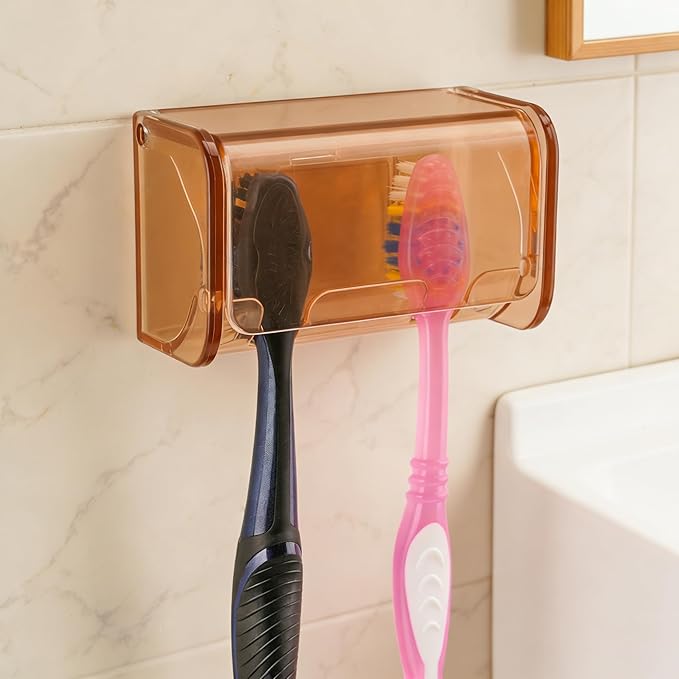 Toothbrush Holder Wall Mounted with Cover for Bathroom, 2 Slots Toothbrush Storage Organizer for Shower, Self Adhesive Toothbrush Hanger Rack for Dorm, Cabinet (Brown)