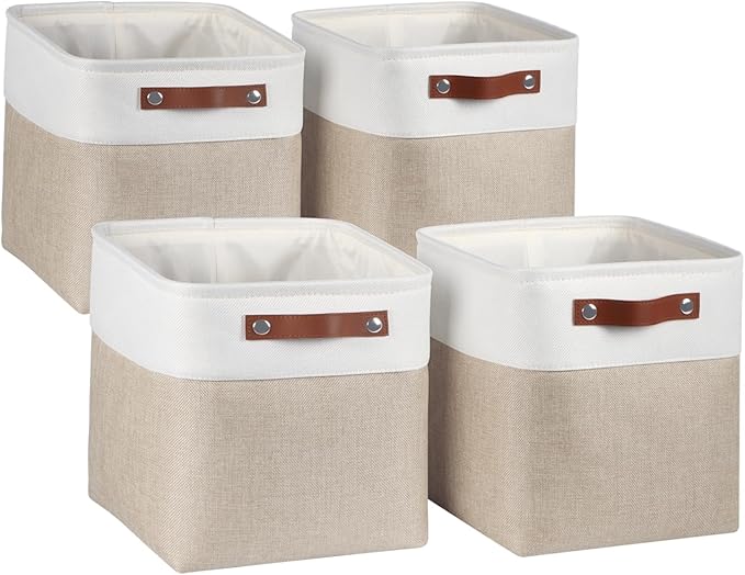 Univivi 4 PC Foldable Storage Baskets,10.5 inch Fabric Storage Bins for Shelf with Hard Bottom,Storage Baskets with PU Handles Cube Storage Bins for Closet Organizing (Khaki)