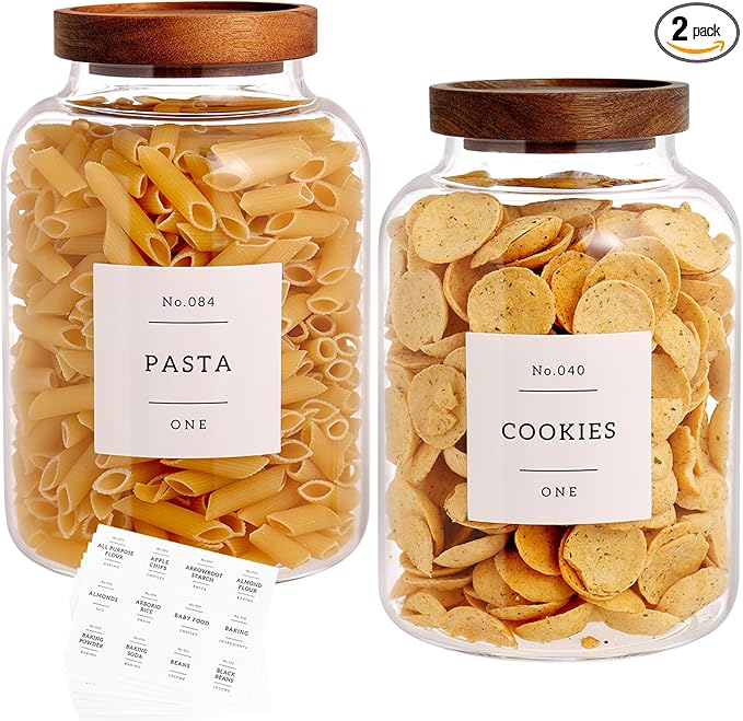 CZHQSMZ Set Of 2 Large Glass Jar with Wooden Lid with 132 Labels, Glass Storage Jars for Flour Pasta Candy Coffee Cookie and More(70 FL OZ/2000 ml)