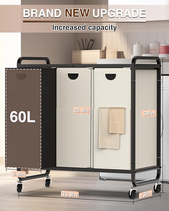 Laundry Sorter 3 Section,Laundry Basket with Wheels,3×15.8 Gal (60L) Laundry Hamper Organizer with Large Wooden Desktop Sorter,Pull-Out and Removable 900D Oxford Fabric Laundry Bags for Laundry Room