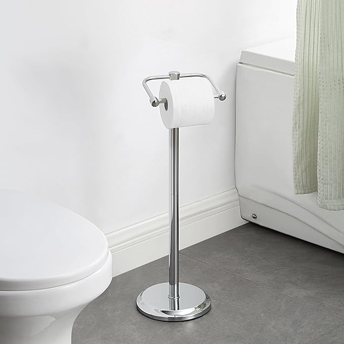 SunnyPoint Free Standing Toilet Paper Holder – Bathroom Tissue Stand with Weighted Base, Holds Jumbo & Standard Rolls (Chrome)