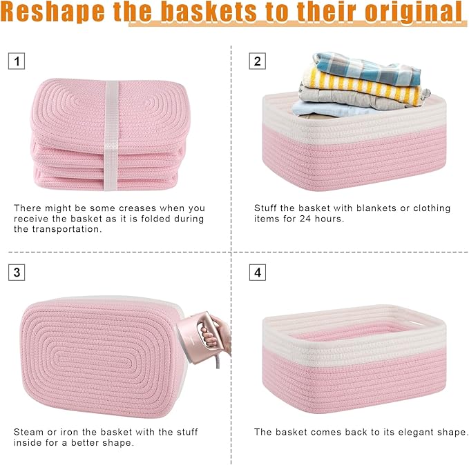 OIAHOMY 4 Pack Storage Baskets for Organizing, Small Bins for Shelves, Cute Decorative Storage Bins, Organizer Baskets for Gifts Empty, 11.8''Lx7.8''Wx4.7''H, Pink/White