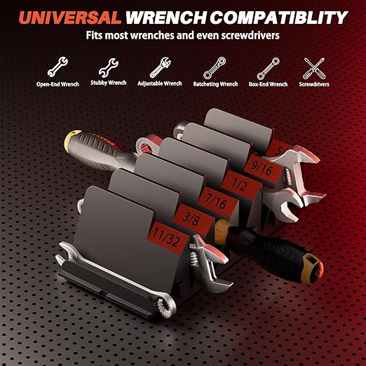 32 PCS Wrench Organizer for Tool Drawer Storage - Modular Wrench Holder with 6 Magnetic Strip, Wrench Rack with SAE/Metric Labels, Perfect Tool Gift for Mechanics, DIYers, Father, Men, Black