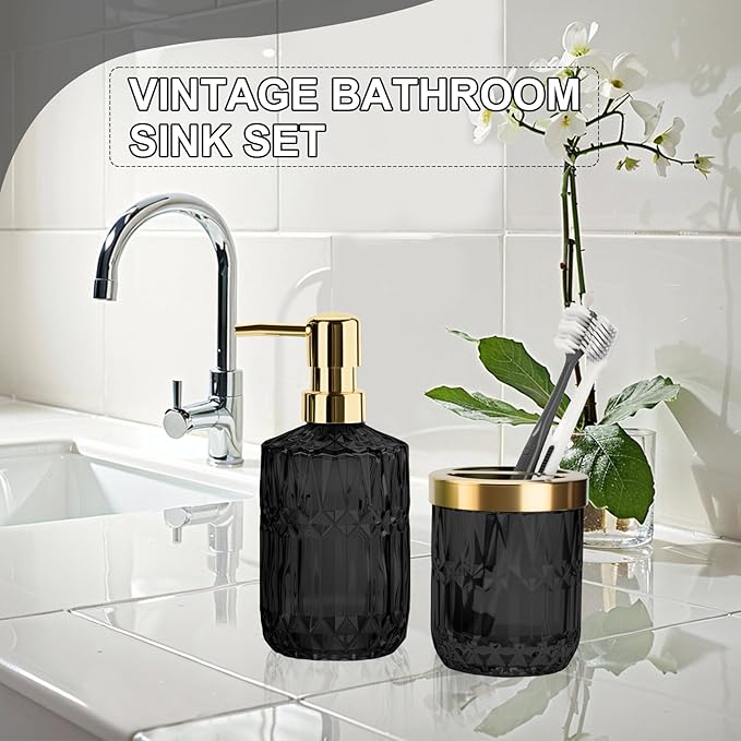 Glass Bathroom Accessories Set, 2PCS Glass Bathroom Accessory, Toothbrush Holder and Soap Dispenser Set for Modern Bathroom Decor(Black Gold)