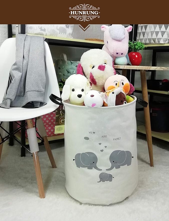 HUNRUNG Laundry Hamper,Large Canvas Fabric Lightweight Storage Basket Toy Organizer Dirty Clothes Collapsible Waterproof for College Dorms, Children Bedroom,Bathroom（Round-Family Elephants）
