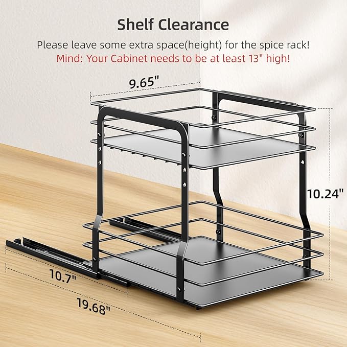 Pull Out Spice Rack Organizer for Inside Cabinet, 2 Tier Metal Spice Organization for Cabinet, 9.65"W x 10.7"D x 10.24"H, Vertical Slide Out Seasoning Organizer (Not for Cabinet with Lip)