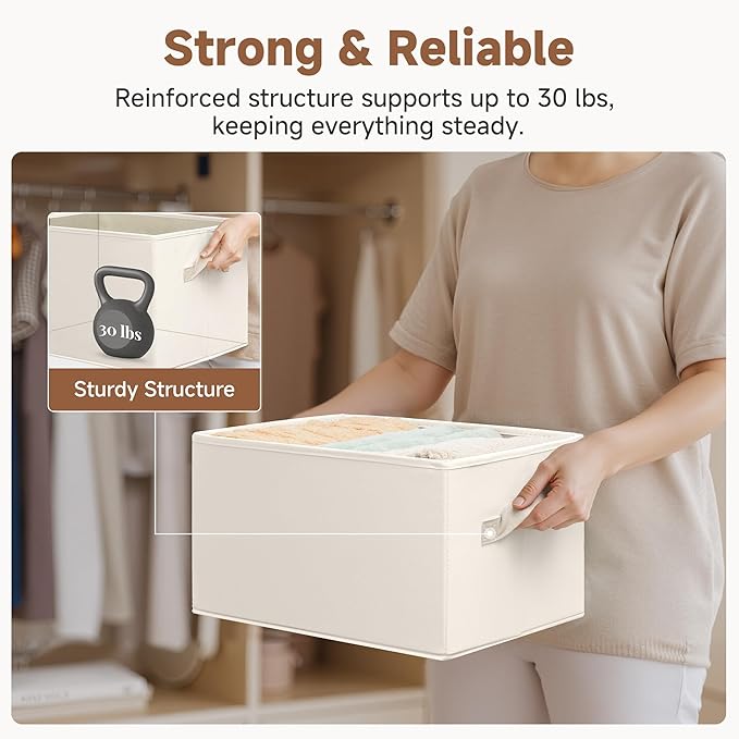 StorageWorks Closet Organizers and Storage Bins, Fabric Storage Baskets for Shelves, Linen Closet Organizer for Clothes, Beige, 3-Pack, Large