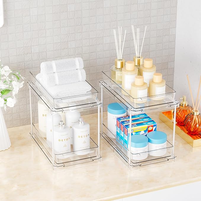 Yieach 4 Pack Under Sink Organizers and Storage,Clear Acrylic Bathroom Organizer and Cabinet Organization for Makeup,Medicine,Two Tier Pull Out Cabinet Organizer Drawers for Pantry,Vanity Storage Bins