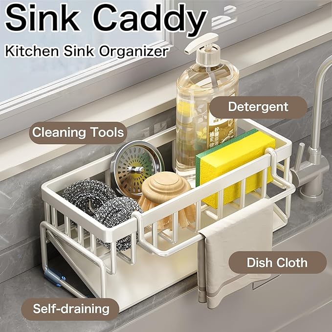 BREIS Sponge Holder for Kitchen Sink, Caddy Organizer with Rag Holder, Countertop Self-Draining Sponge Caddy, Rustproof Sink Storage Rack for Soap Dispenser Storage Accessories (White)