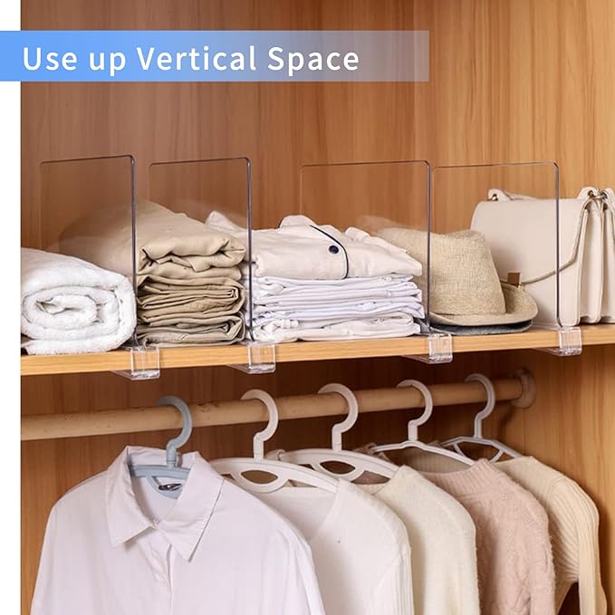 FQDAYANM Adjustable Closet Shelf Dividers 8 Pack - Acrylic Vertical Organizer for Cabinets, Kitchen, Pantry (Clear)