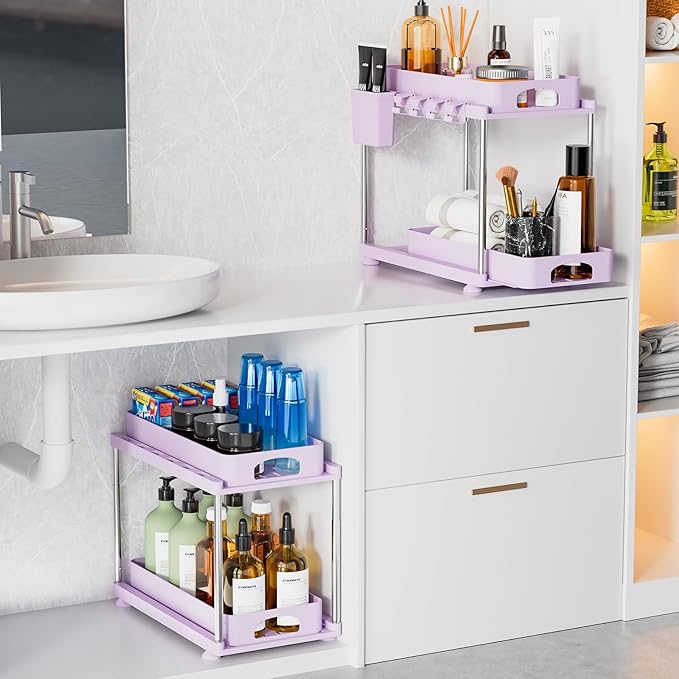 VERIFOST Under Sink Organizer - 2 Pack Adjustable Height, 2 Tier Organizers for Bathroom & Kitchen Sink, Purple