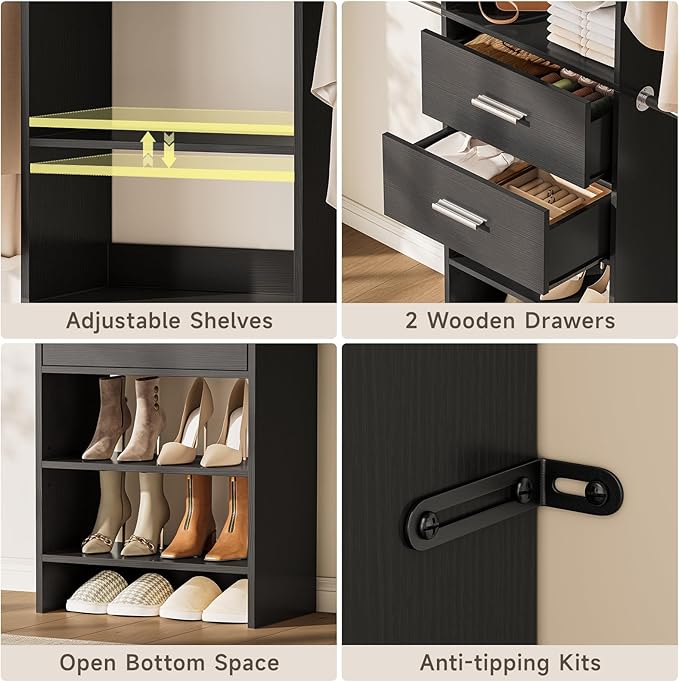 W2 Closet System with 2 Drawers, 3.5FT-7.7FT Closet Organizer System with 4 Chrome-Plated Telescopic Rods & 5 Adjustable Shelves, Custom Wood Walk-In Closet Clothing Rack, Black