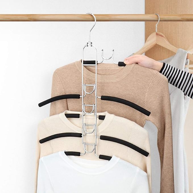 Mastom Space Saving Clothes Hangers, Multilayer Metal Hanger 4 Pack 5 in 1 Space Saver Coat Hangers, Anti-Slip Foam Padded Shirt Suit Hanger for Closet Storage Organizer