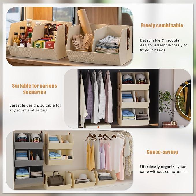 1 Pack,Hanging Closet Organizer 3 Tier,Disassemblable Clothes Hanging Shelves,Space-Saving Closet System, Fabric Storage Bins Bedroom Organization,Collapsible Baskets for Home, Dorm, Rv,Beige
