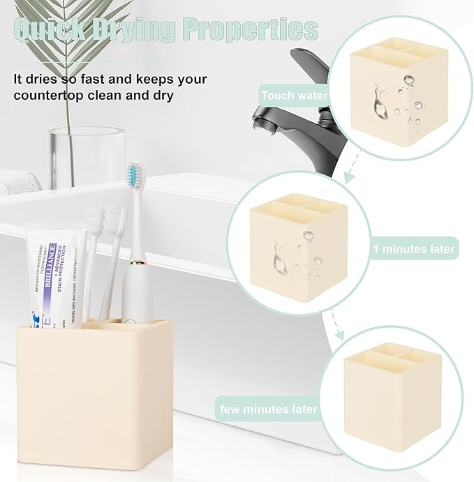 Diatomite Toothbrush Holders for Bathrooms, Electric Toothbrush and Toothpaste Holder 3 Slots Tooth Brush Organizer for Bathroom Countertop, Shower, Vanity - Yellow