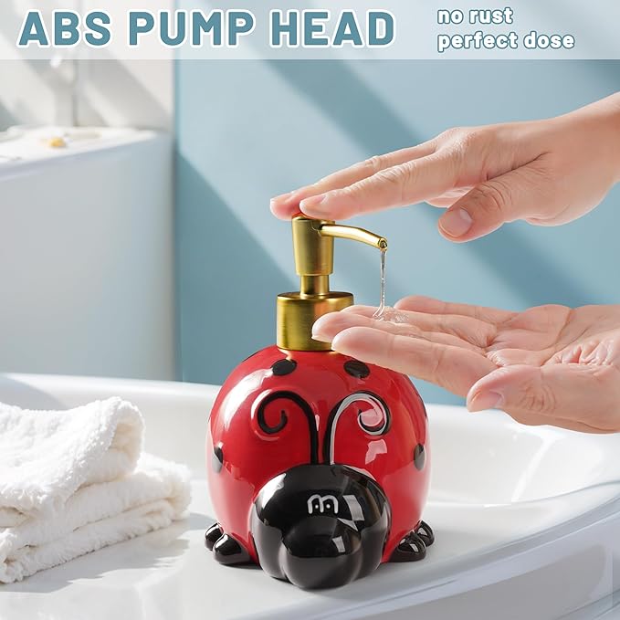 17 OZ Ladybug Ceramic Soap Dispenser with ABS Pump,Refillable Liquid Bathroom soap Dispenser for Lotion ,Body Wash ,Cute Kitchen Soap Dispenser for Dish Soap,Hand Soap