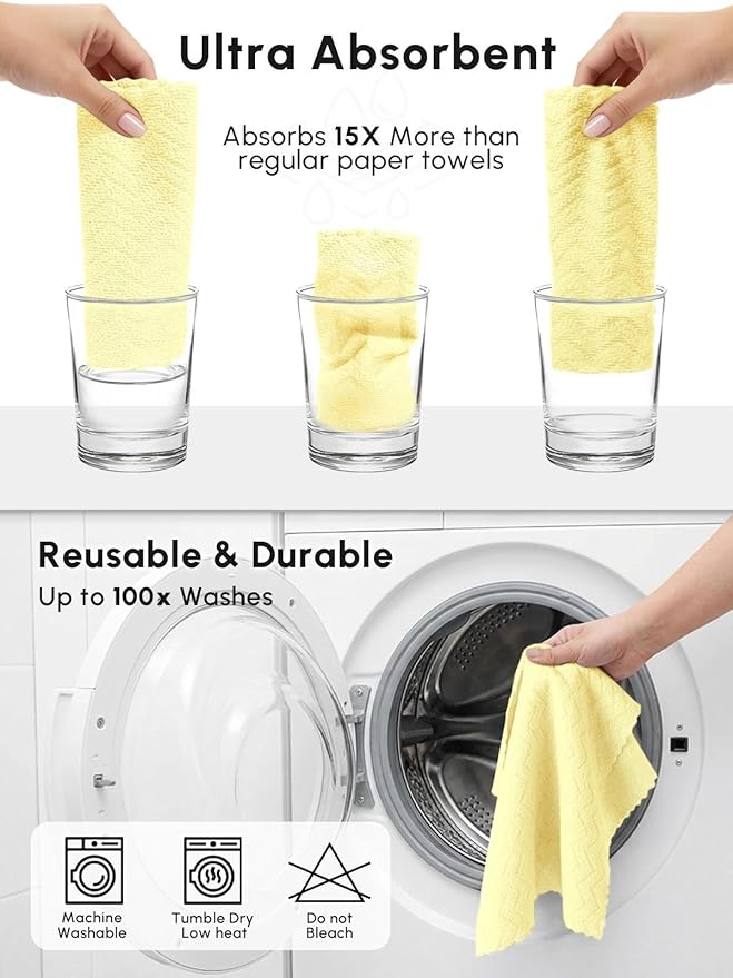 Microfiber Cleaning Cloths Roll, 75 Pack Tear Away Microfiber Towels Roll, 12" x 12" Lint Free Rags, Reusable Cleaning Cloths, Washable, Scratch Free,Ultra Absorbent Dish Rags(Yellow Ripple)