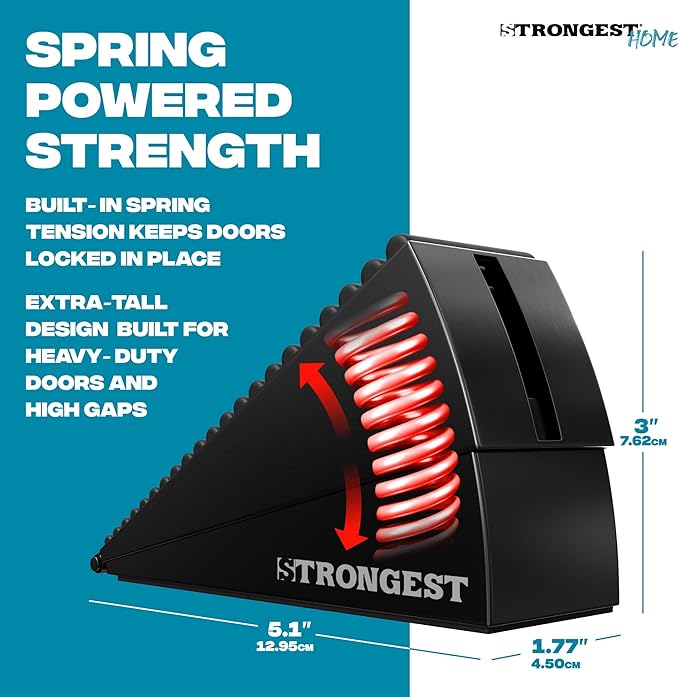 Strongest Home 2 Pack XL Adjustable Door Stopper with Spring – Heavy Duty Wedge for Oversized, Thick & Heavy Doors, Anti-Slip Rubber Grip, Commercial, Home & Outdoor Use on Carpet, Wood & Tile - Black
