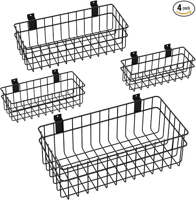 4 Pack Large Size Slatwall Baskets Set, Ventilated Metal Hanging Storage Slat Wall Basket, Mounted Slatwall Accessories for Garage Storage Organizing Display on Slatwall Panels bins (Black)