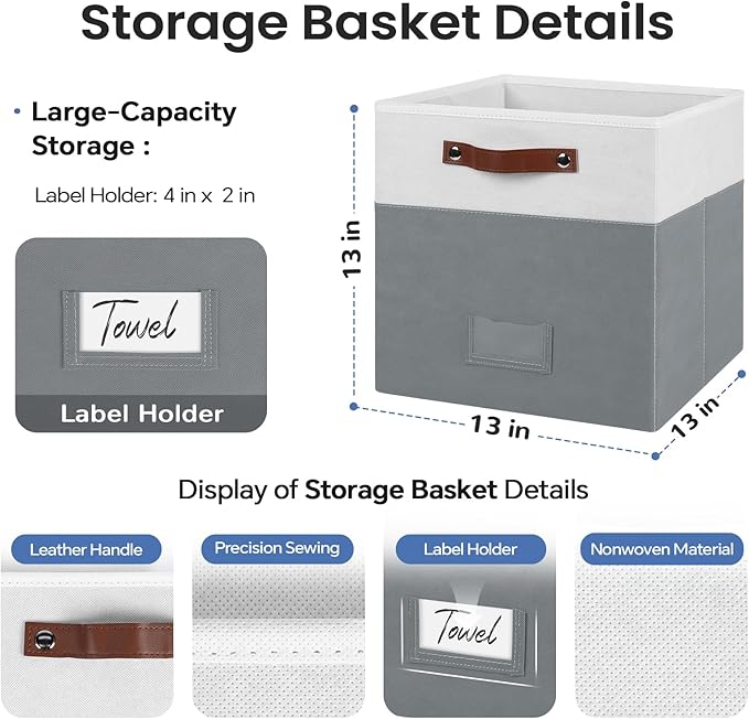 6-Pack Storage Cubes with Handles & Label Holders Basket, Closet Cube Home Organizer Bins(White/Dark Grey, 13 x 13 x 13 inch)