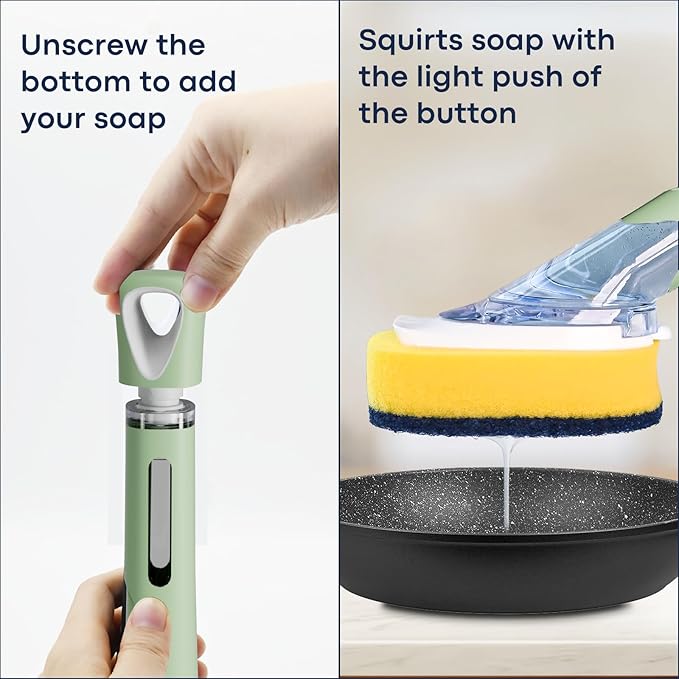 Dish Brush with Soap Dispenser Storage Set with 2 PCS Brush Refills & Holder, Dish Scrubber with Soap Dispenser, Dish Soap Brush, Dish Wand with Soap Dispenser for Dishes, Pans, Sink, Pots(Green)
