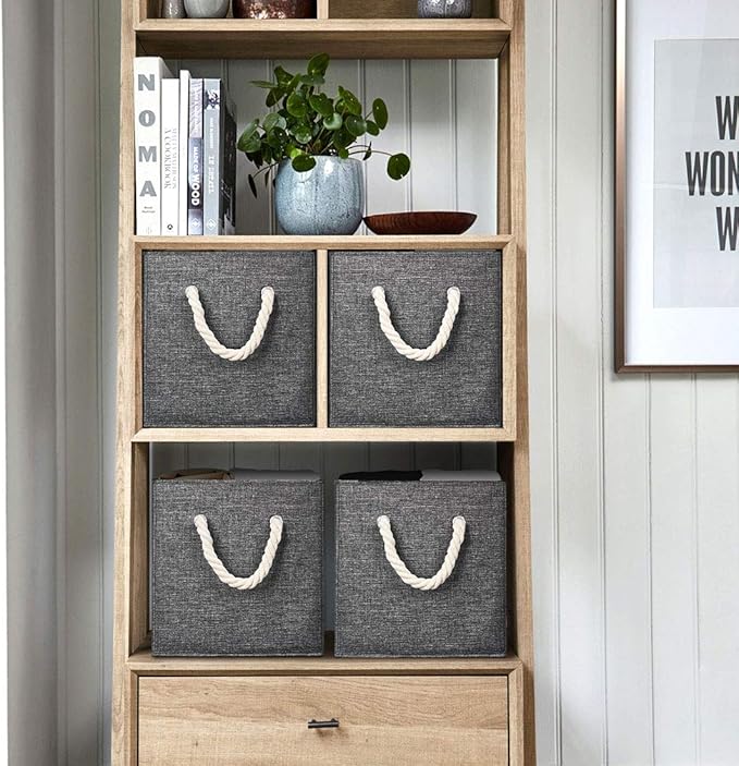 i BKGOO Foldable Storage Cube Bins Black Linen Fabric Collapsible Resistant Basket Box Organizer with Cotton Rope Handle for Home Office and Nursery 10.5x10.5x11 inch