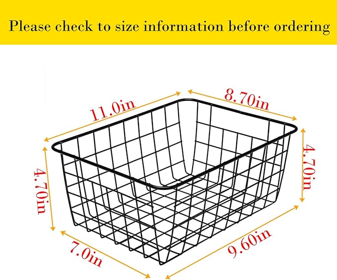 Kitchen Wire Baskets Farmhouse Decor Metal Food Storage Organizer, Household Refrigerator Bin with Built-in Handles for Cabinets,Pantry Set of 2 Black