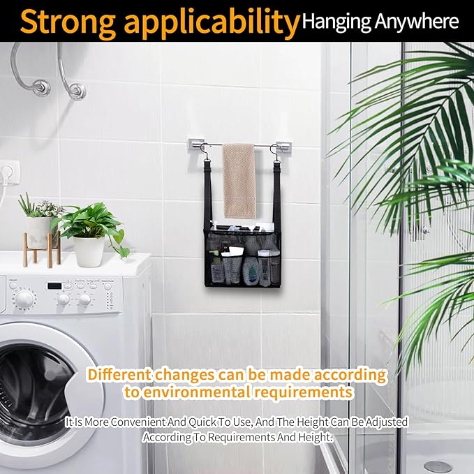 GUMQDD 4 Storage Pockets Adjustable Hanging Mesh Bathroom Bag, Shower Caddy College with Hooks, Applied to College Dorm Rooms, Gym, Swimming and RV Travel (Black)