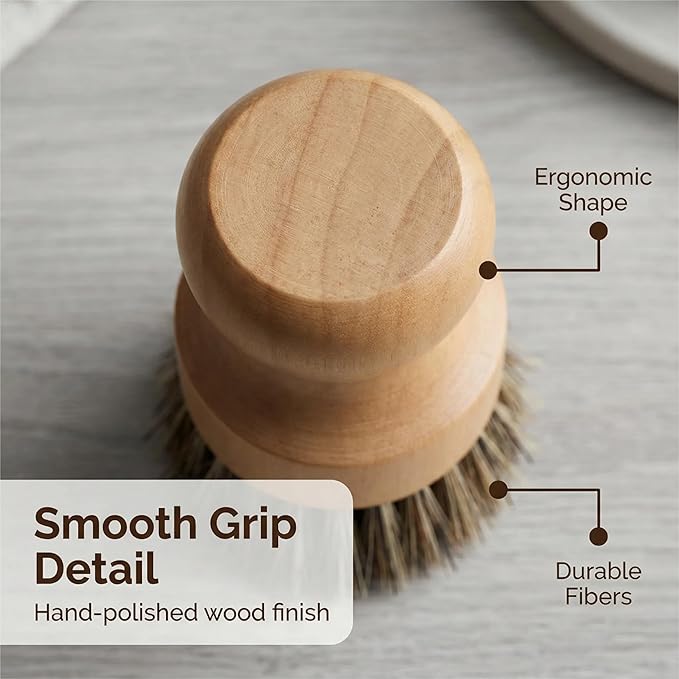 Wooden Dish Scrub Brush - Natural Fiber Kitchen Dish Scrubber Set, for Cleaning Pots, Sink, Tableware and Vegetables - 3 Pack