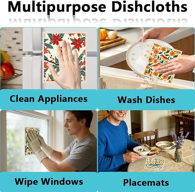 6Pcs 6 Styles Bird Swedish Dishcloths for Kitchen 7.7 x 6.8 Inch Reusable Quick Drying Sponge Bird Dish Cloths Bulk Biodegradable Absorbent Towels for Home Countertop Tableware Cleaning Use