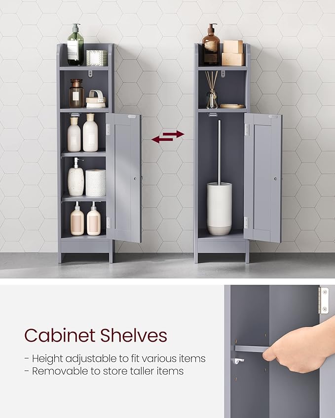 VASAGLE Small Storage Corner Floor Cabinet with Door, 7.9 x 7.1 x 31.5 Inches, Narrow Toilet Paper Storage Holder, Adjustable Shelves, for Bathroom, Living Room, Small Spaces, Dove Gray UBBC310P36