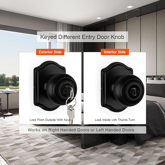 Haidms Keyed Entry Black Door Knob Interior, Exterior Locking Door Knobs, Matte Black Exterior Doorknobs with Lock and Key, 1 Pack
