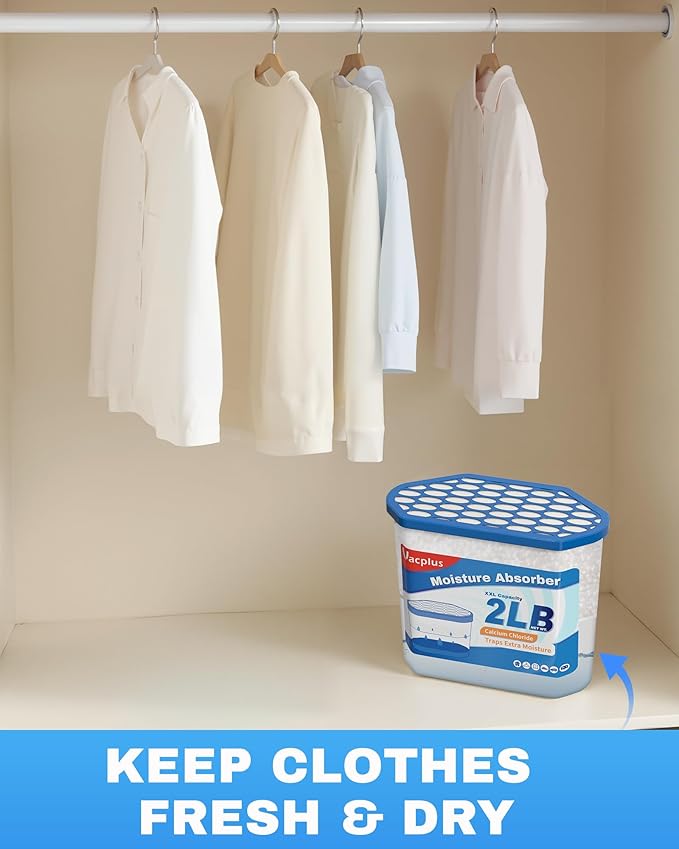 Vacplus Moisture Absorber Buckets – Large Capacity Dehumidifier and Humidity Absorber for Closet, Basement, Bathroom, RV, and Storage Areas, Unscented, 2 lbs, 4 Pack