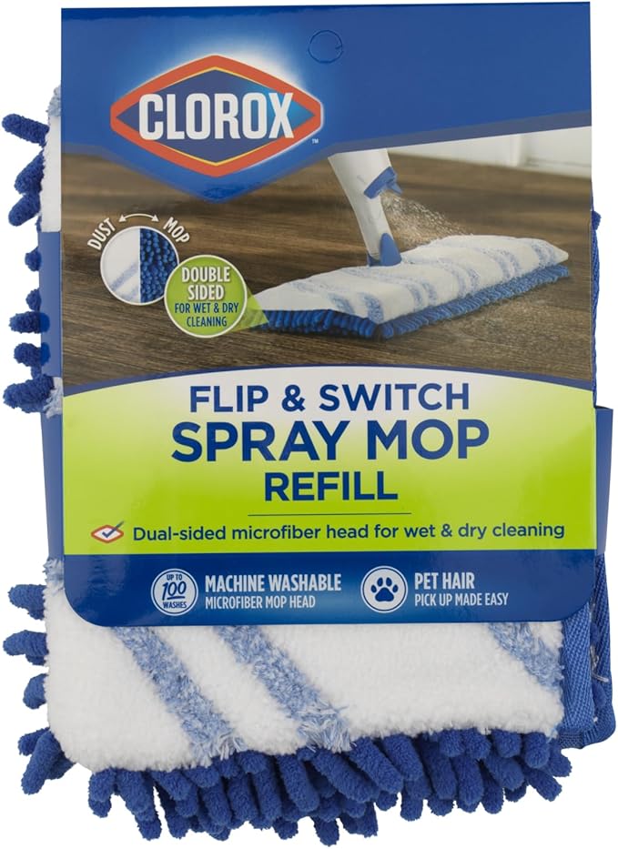 Clorox Ready Flip Spray Mop Refill Pad Machine-Washable Dual-Use Chennille & Microfiber Head, Blue