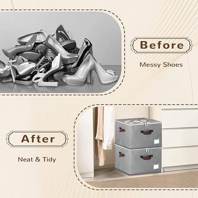 Shoe Organizer for Closet, 2 Pack Large Shoe Box Storage Containers,Shoe Storage Bins Fits 12-16 Pairs，Space Saving Shoe Organizers Bins with Clear Lids and Handles,Grey