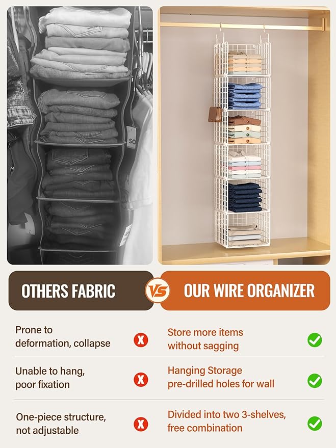 6 Tier Closet Hanging Organizer, Metal Closet Organizers and Storage with 4 Hanging Hooks 4 S-Hooks for Wardrobe Laundry Room, Wire Storage Shelf for Clothes Sweaters Pants (White)