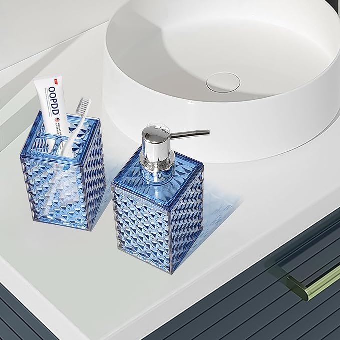 2PCS Blue Bathroom Accessories. Contain Soap Dispenser and Toothbrush Holder Set. Boho Bathroom Set for Blue Bathroom Décor